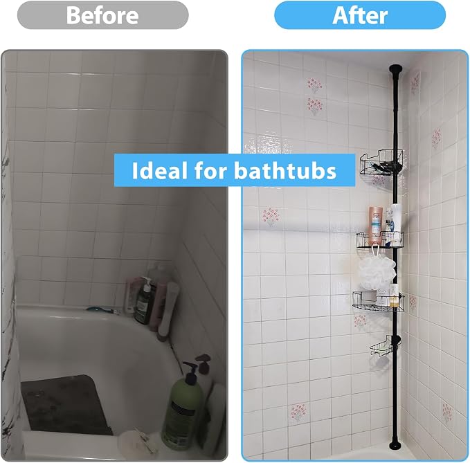 BsBsBest Shower Organizer Caddy - Stainless Steel Shower Shelves Rack, Adjustable Organization And Storage Head Holder, Rustproof Tension Pole, Black - Image 2