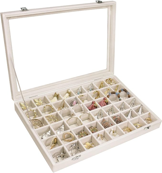Siveit Velvet Jewelry Tray 48 Grid Jewelry Display Tray Organizer Box with Transparent Lid Rings Earrings Necklaces Pendants Display Box Suitable for Women and Girls (Beige) by Siveit