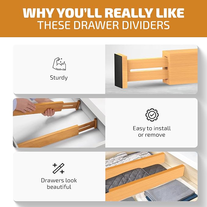 4-Pack Bamboo Drawer Dividers - 2.6 Inches High, Adjustable 12 to 17 Inches Expandable Drawer Organizer Dresser Separator for Clothes, Utensils, Bedroom, Bathroom, Kitchen, Office Storage Organization - Image 6