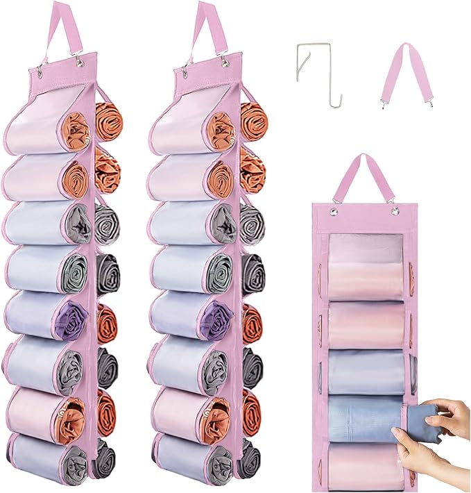 DHSFKBE Legging Organizer Storage, 2PCS T Shirt Organizer, Foldable Hanging Closet Organizer Storage with 16 Roll Independent Compartments for Yoga Pants, Tank Top, Towel, Underwear (Pink) by DHSFKBE