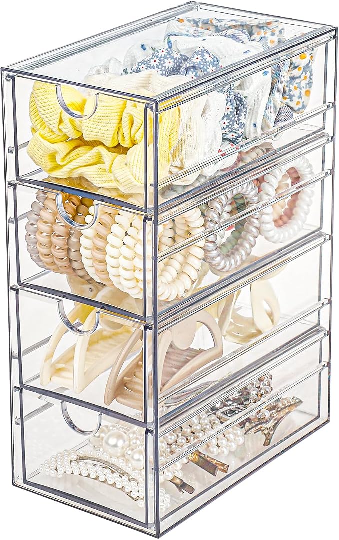 FABROK Clear Hair Accessory Organizer Box with 4 Drawers, Compact Storage Organization Drawers Set for Cosmetics, Glasses, Stationery, Stackable Storage Containers Box for Bathroom, Closet, Desk, Office by FABROK
