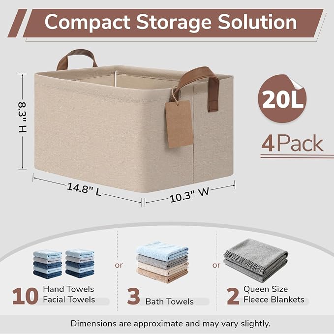 CHICVITA 4 Pack Storage Baskets for Shelves, Foldable Closet Organizer Bins with Handles, Toy Storage Basket for Nursery Living Room, 14.8" x 10.3" x 8.3", Brown - Image 3