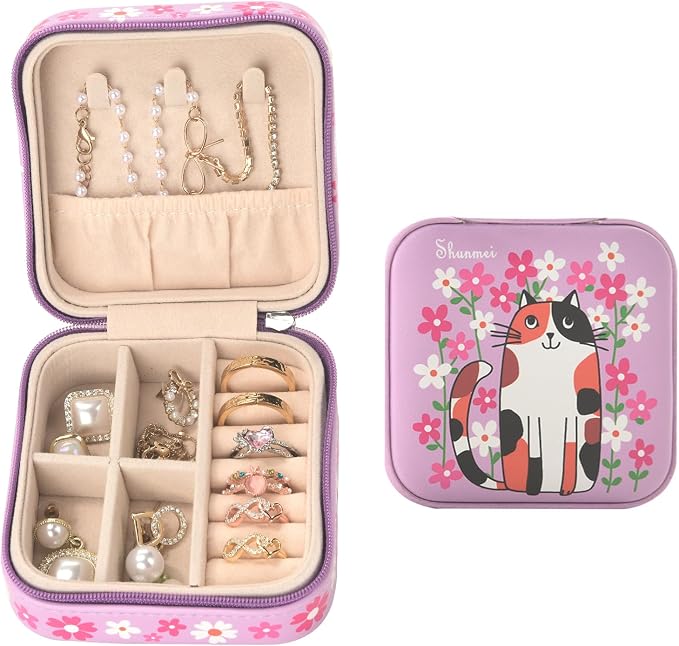 shunmei Mini Travel Jewelry Box,PU Leather Portable Jewelry Organizer Case,Art Accessories Storage Holder Boxes for Earring, Necklace, Rings, Bracelets (Pink Cat) by KALUYA