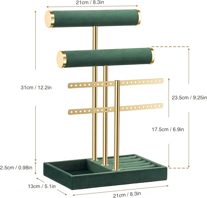 bussdis 3 Tier Bracelet Holder Display - Detachable T Bar Dark Green Velvet Bracelet Holder, Jewelry Holder Organizer for Bracelet, Necklace, Earrings, Rings - Image 7