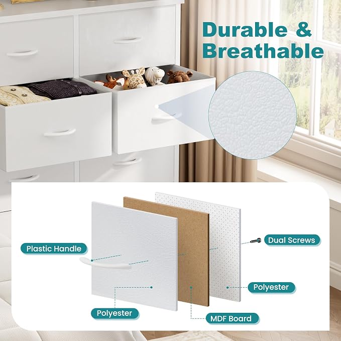 OLIXIS 8 Drawer Storage Dresser with Wood Top - Wide Fabric Chest Organizer for Bedroom, Closet, Living Room,Tower Cabinet, TV Stand, Hallway Entryway Furniture,White - Image 5