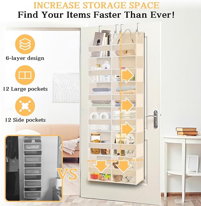 Ofiray-home Over the Door Organizer 6 Tiers, Extra Large Behind Door Storage of 12 Compartments,80 lbs Weight Capacity Hanging Storage Organizer with Clear Window Kids Toys, Shoes, Diapers,Beige - Image 2