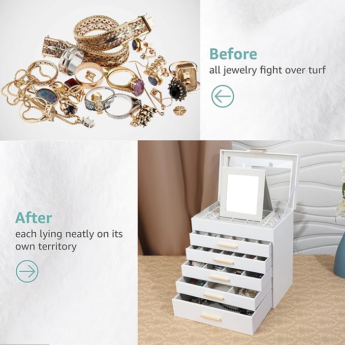 BOOVO Jewelry Boxes for Women, White and Black 6 Layer Large Jewelry Box for Necklace, Bracelet, Earrings, Rings Storage, Jewelry holder Organizer for Girls Gift (Clear White, 6 layer) - Image 6