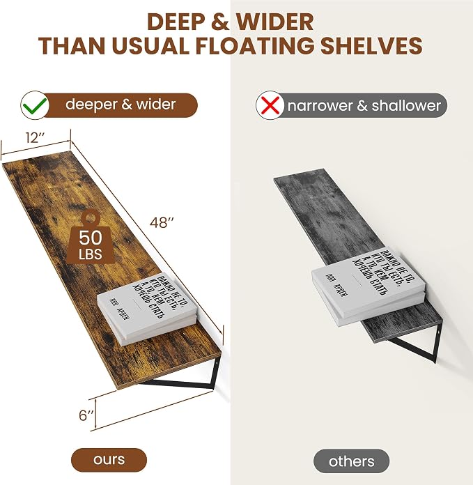 Heimlove Deep Floating Shelves for Wall, 48W x 12D Wood Wall Shelves Set of 2, Wide Floating Bookshelf for Living Room, Kitchen, Office, Bedroom and Decor Storage, with Metal Bracket - Rustic Brown - Image 3