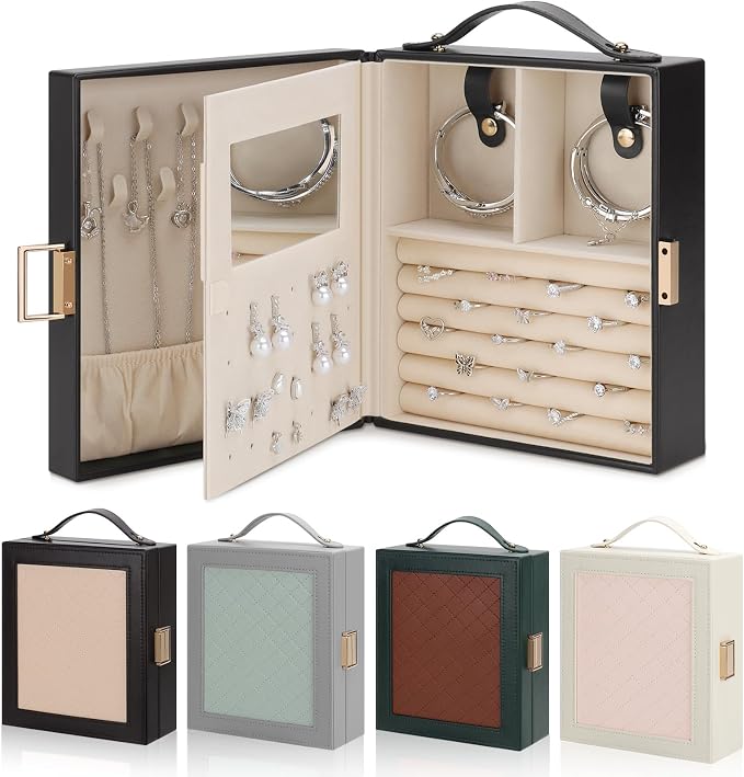 DesignSter Travel Jewelry Case for Woman, Portable Jewelry Travel Box with Mirror, PU Leather Small Jewelry Organizer with Handle for Rings Earrings Bracelets Necklaces(Black Brown & Apricot) by DesignSter