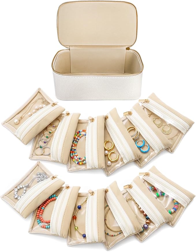 Hacaroa Travel Jewelry Case with 12 Velvet Pouches, Jewelry Storage Organizer Box PU Leather, Clear Window Small Bags Wedding Gifts for Earrings, Necklaces, Bracelets, Rings, Women, Girls, Cream White by Hacaroa