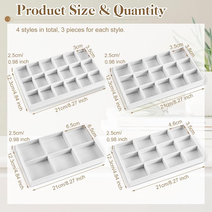 Junkin 12 Pcs Jewelry Tray Velvet Stackable Jewelry Organizer Trays Divided Earring Accessories Storage Containers Box (Rose Red) - Image 2