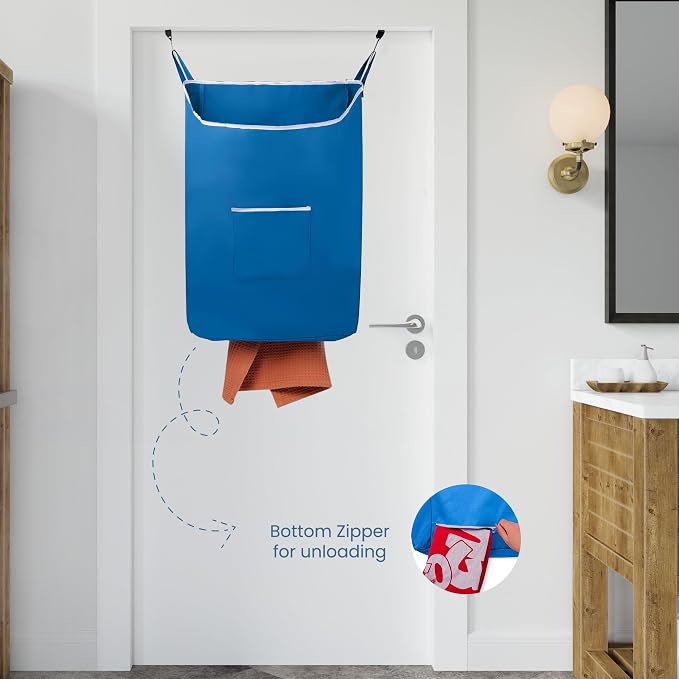 The Fine Living Co. X-Large Hanging Laundry Hamper with Over Door Hooks & Adhesive, Durable Space Saving Laundry Bag with Zipper and Wide Open Top, Hanging Dorm Laundry Hamper 20"x3.75"x31" (Blue-XL) - Image 5