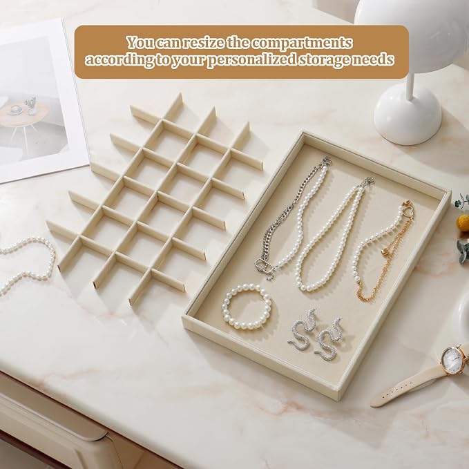 Large Velvet Jewelry Tray 2 Pack Stackable Jewelry Display Drawer Inserts Trays Organizer for Earring Bracelet Necklace Ring (Beige, 24 Grids) - Image 5