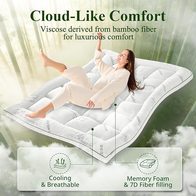 Memory Foam Mattress Topper - Viscose Made from Bamboo Pillow Top Thick Queen Size Mattress Pad for Back Pain, Ultra Soft & Cooling for Hot Sleepers, 6-18'' Deep Pocket, White