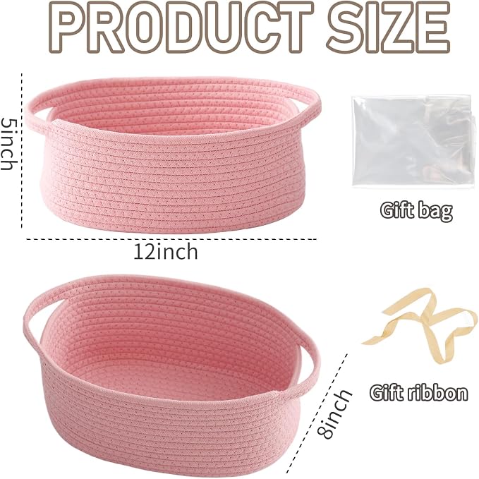JMvicyroam Woven Basket,Small Rope Storage Bin with Handles & Ribbon Bag, Organizer for Shelves Closets,Gift Basket Empty for Birthday,Books,Dog Toys, Pink/2 Pack - Image 2