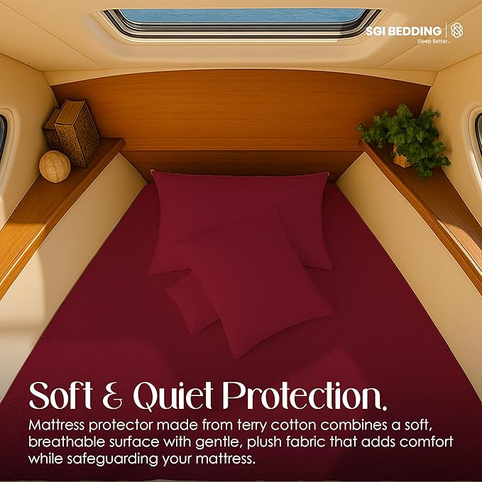 SGI Bedding Waterproof XL V Berth Mattress Protector 102" Head x 82" Length x 30" Foot – 15" Deep Pocket, 360° Fitted Style Mattress Pad Cover, Soft Noiseless & Breathable Cover for Boat – Burgundy