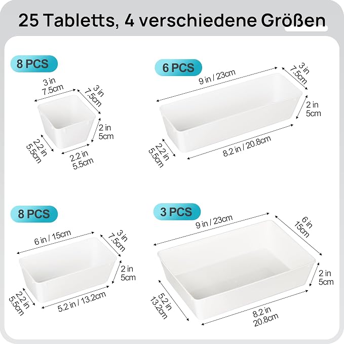 Vtopmart 25 PCS Plastic Drawer Organizers Set, 4-Size Versatile Bathroom and Vanity Drawer Organizer Trays, Storage Bins for Makeup, Bedroom, Kitchen Gadgets Utensils and Office - Image 2