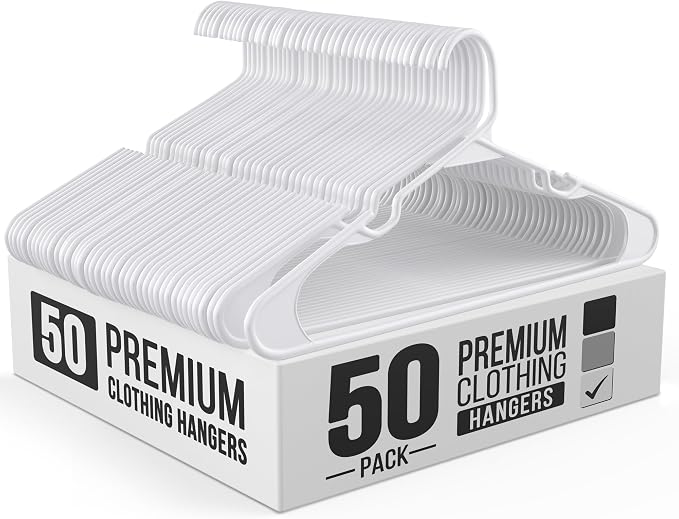Our Modern Space 50 Pack Adult Plastic Hanger for Shirt Pants Coats Dresses Skirts Suits Jackets - Standard Thick Coat Hanger - Sturdy & Durable Design with Shoulder Grooves Hook - White by OurModernSpace