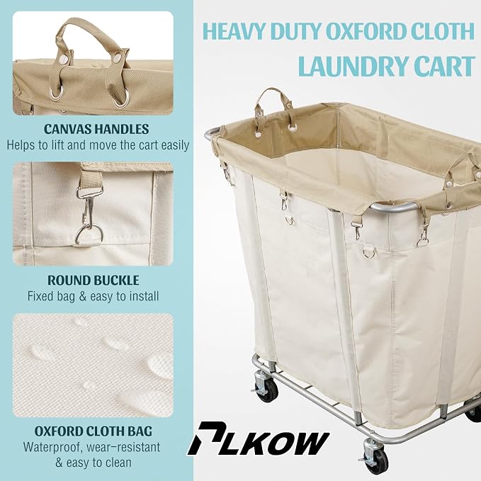 PLKOW Laundry Cart with Wheels 320L Large Rolling Laundry Cart for Commercial/Home, Rolling Laundry Basket with Steel Frame and Waterproof Lining, 9 Bushel, 32.3L x 19.7W x 30.7H Inch, Beige - Image 4