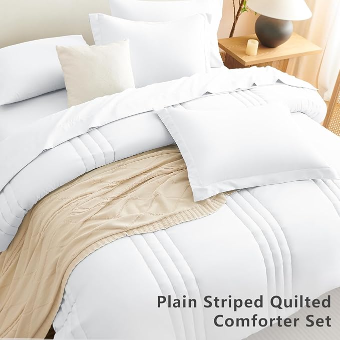 CozyLux King Comforter Set - 7 Pieces Bed in a Bag White Comforter Set with Sheets Luxury Bed Set All Seasons, Soft Bedding Set with Down Alternative Comforter, Sheets, Pillowcases & Shams