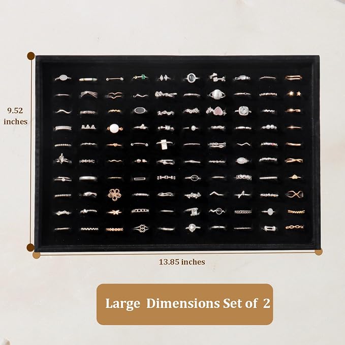 Large Velvet Jewelry Tray 2 Pack Stackable Jewelry Display Drawer Inserts Trays Organizer for Earring Bracelet Necklace Ring (Black, Ring 81 Slots) - Image 5