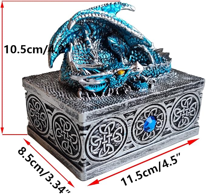 Dragon Statue Jewelry Box, Medieval Fantasy Myth Dragon With Cover Treasure Box, Dragon Statue Decoration Collection Gift Box. (Blue) - Image 5