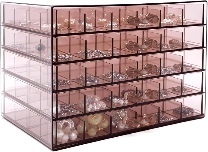 Clear Pink Acrylic Jewelry Storage Box, Earring Jewelry Organizer with 5 Drawers, 5-Layer Jewelry Box for Women, Earring Display Holder for Earrings Ring Bracelet Necklace, 120 Grid Storage Box - Image 5