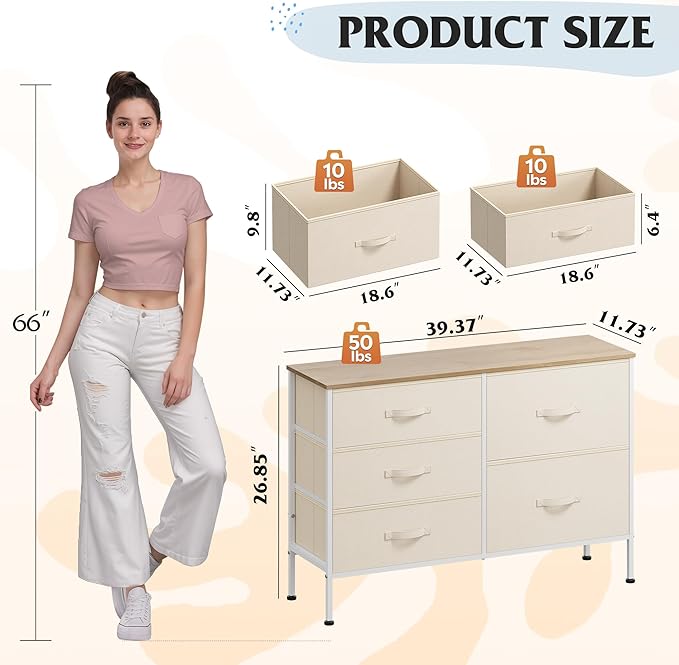 WLIVE Dresser for Bedroom with 5 Drawers, Wide Chest of Drawers for Bedroom, Fabric Dresser for Living Room, Closet, Hallway, Cream White