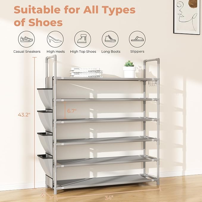 LANTEFUL 6 Tier Shoe Rack Storage for 24-30 Pairs Shoe and Boot, Shoe Organizer with Hook and Side Pocket Free Standing Long Shoe Shelf Tall Shoe Rack Organizer for Closet, Entryway, Dorm, Grey - Image 3