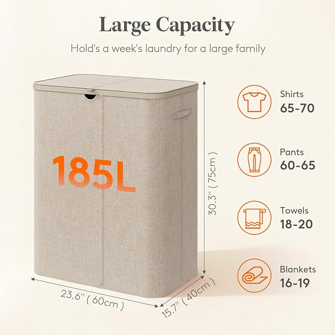 Lifewit 185L Large 3 Section Laundry Hamper with Lid, Plastic Laundry Basket with Bamboo Handles and Removable Bags, Tall Foldable Clothes Hamper for Bathroom Bedroom, Beige - Image 2