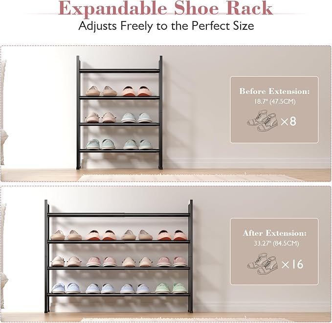 Bumusty 4-Tier Expandable Shoe Rack for Closet, 18“-33” Adjustable Shoe Rack for Small Space, Small Shoe Organizer for Front Door, Sturdy Metal, Black - Image 5