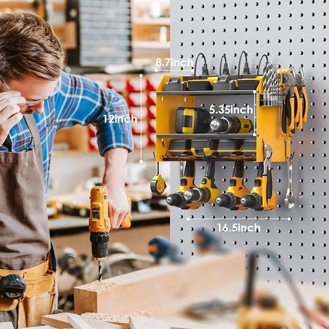 CCCEI Modular Power Tool Organizer Wall Mount with Charging Station. Garage Drill Storage Shelf with Hooks, Heavy Duty Rack, Tool Battery Holder Built in 8 Outlet. Gift for Men. Yellow, 1 Pack. - Image 8