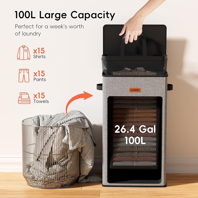 100L Laundry Hamper with Lid, Large Clothes Hampers with Removable Bag, Collapsible Laundry Basket for Bathroom, Bedroom, Laundry Room, Dorm, Grey - Image 3