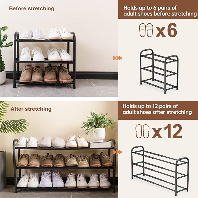 Gonfoam 3-Tier Expandable Shoe Rack,Adjustable Shoe Shelf Storage Organizer Heavy Duty Metal Free Standing Shoe Rack for Entryway Closet Doorway (Black) - Image 6