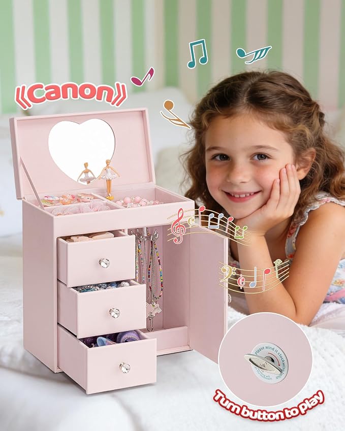 Vlando Musical Jewelry Box for Girls - Valentines Day Gift for Kid - Large Kid Music Box with Ballerina for Birthday Bedroom Decor, 4 Layer Girl Jewelry Gifts for Girls Kids - Light Pink - Image 6