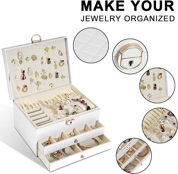 Jewelry Box, 3-Layer Jewelry Boxes for Women, Stud Earings Holder Jewelry Organizers and Storage with Removable Jewelry Tray, PU Leather Vintage Quilted Top Lockable Jewelry Holder Gift Idea - Image 3