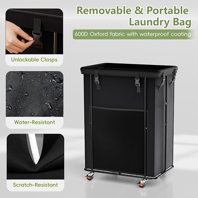200L Laundry Hamper with Wheels, Rolling Laundry Basket with Metal Frame and Removable Bag, Large & Tall Dirty Clothes Hampers for Bedroom Aesthetic, Laundry Room, Bathroom, Dorm-Black - Image 6