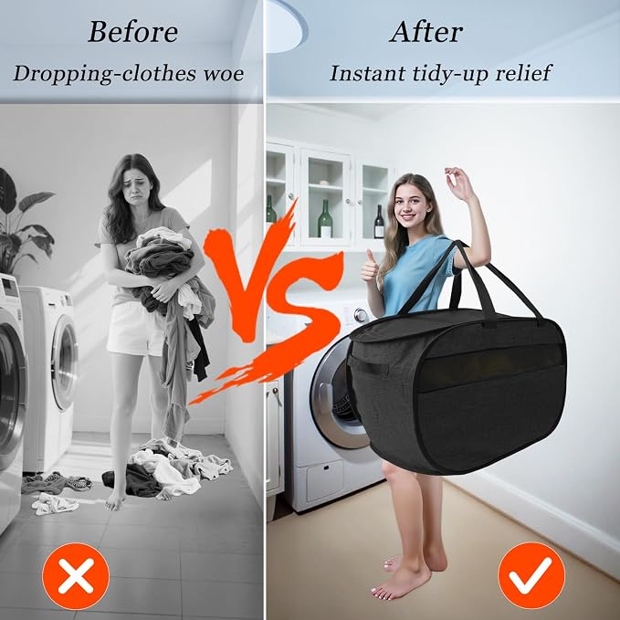 Upgraded 100L Extra Large Mesh Pop Up Laundry Hamper with Lid & Handles, XL Foldable Dirty Clothes Basket for Home Dorm Closet Storage, Portable Laundry Bin, Black. H - Image 7