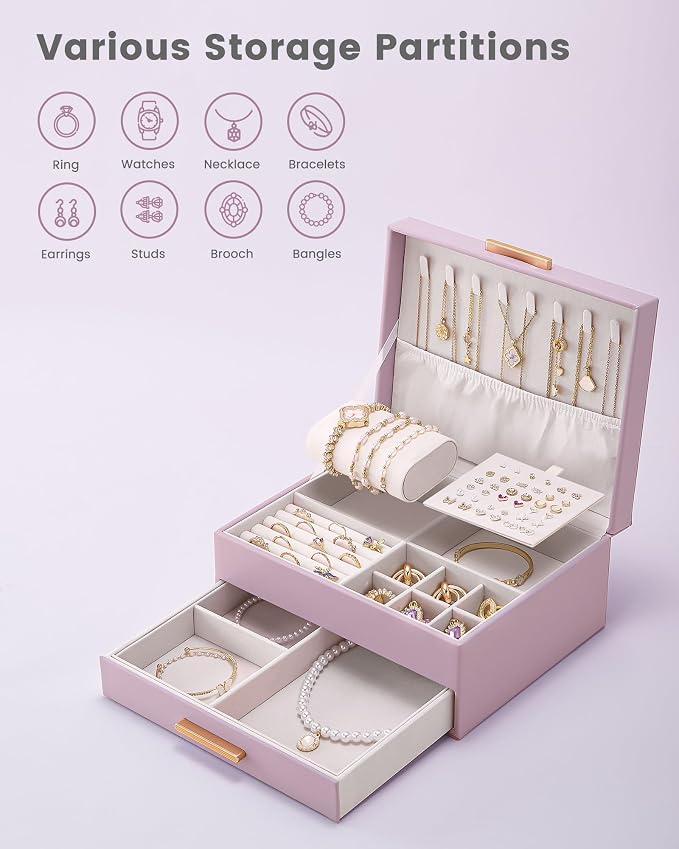 Lolalet 2-Layer Jewelry Box Organizer for Women Girls, Jewelry Storage Case Holder with Drawers for Necklaces Ring Earrings Bracelet Watch, Gifts Choice for Mom Mother’s Day -Purple - Image 4