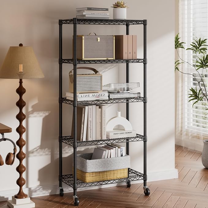 SINGAYE 5 Shelf Storage Wire Shelves Closet Bathroom Organizers Metal Pantry Kitchen Garage Shelving Unit Laundry Room Organization Home Narrow Rack Net Basket with Wheels Black - Image 8