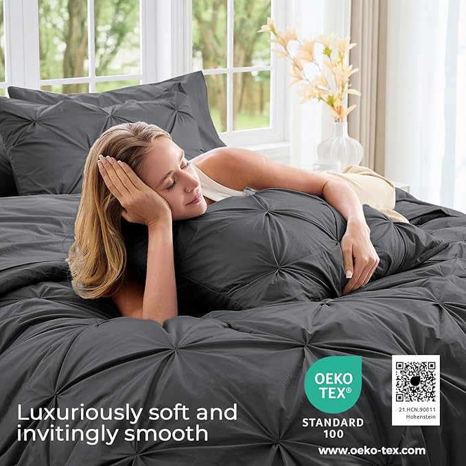 Sasttie Queen Comforter Set, 7-Piece Bed in a Bag, Pintuck Bedding Set for All Season, Includes Comforter, Flat Sheet, Fitted Sheet, Pillowcases and Pillowshams, Dark Grey