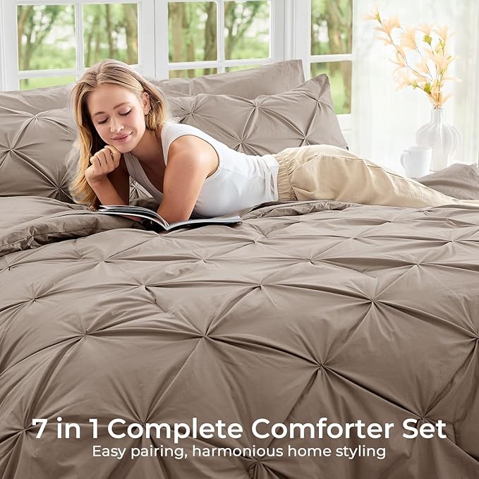 Sasttie King Size Comforter Set, 7-Piece Bed in a Bag, Pintuck Bedding Set for All Season, Includes Comforter, Flat Sheet, Fitted Sheet, Pillowcases and Pillowshams, Dark Linen