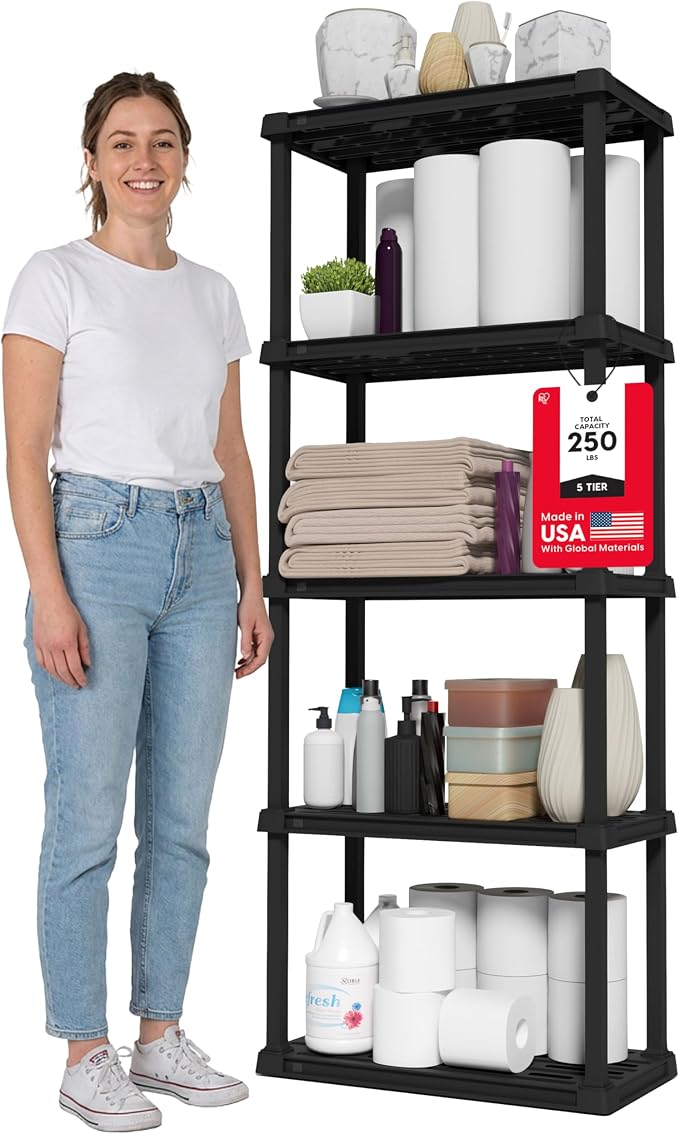 IRIS USA 5-Shelf Light Duty Plastic Storage Shelves, 250lb Capacity, 64" H x 24" W x 12" D, Medium Modular Shelving Unit Storage Organizer for Bathroom, Laundry, Garage & Home, Storage Rack - Black by IRISUSA