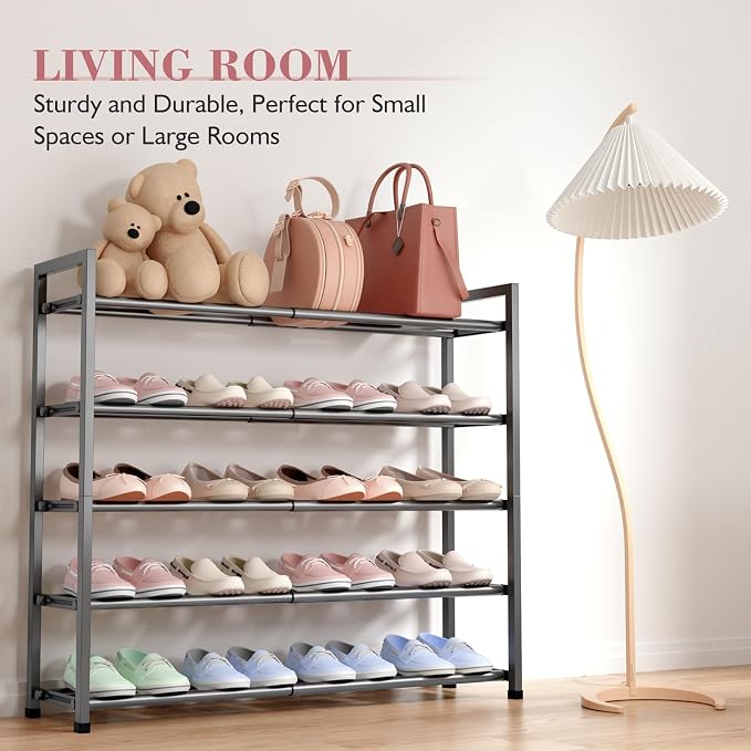 Bumusty 5-Tier Expandable Shoe Rack for Closet, 18“-33” Adjustable Shoe Rack for Small Space, Small Shoe Organizer for Front Door, Sturdy Metal (Grey) - Image 6