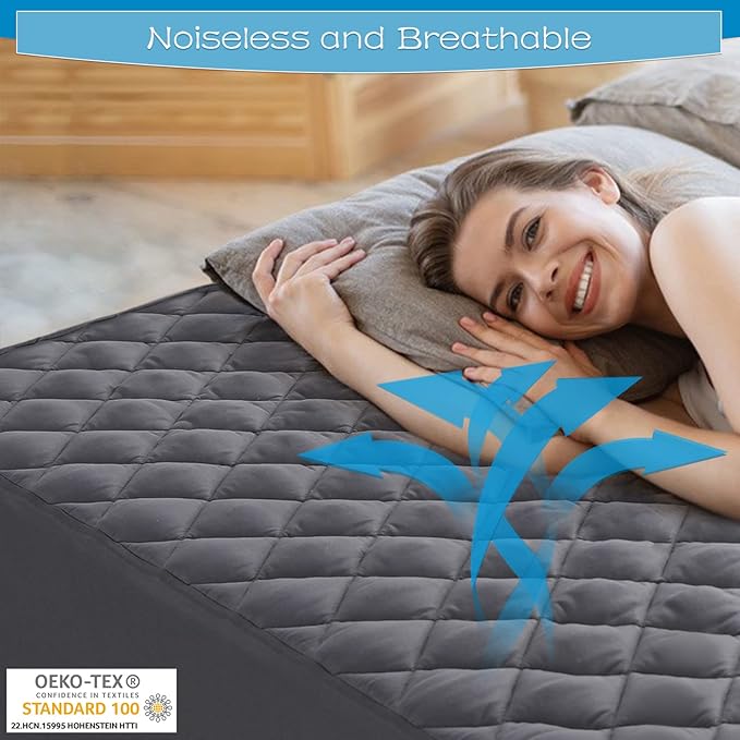 GRT Full Size Grey Quilted Fitted Mattress Pad, 100% Waterproof Breathable Mattress Protector, Noiseless Hollow Cotton Mattress Topper, Fitted 8"-19" Deep, Dust Proof