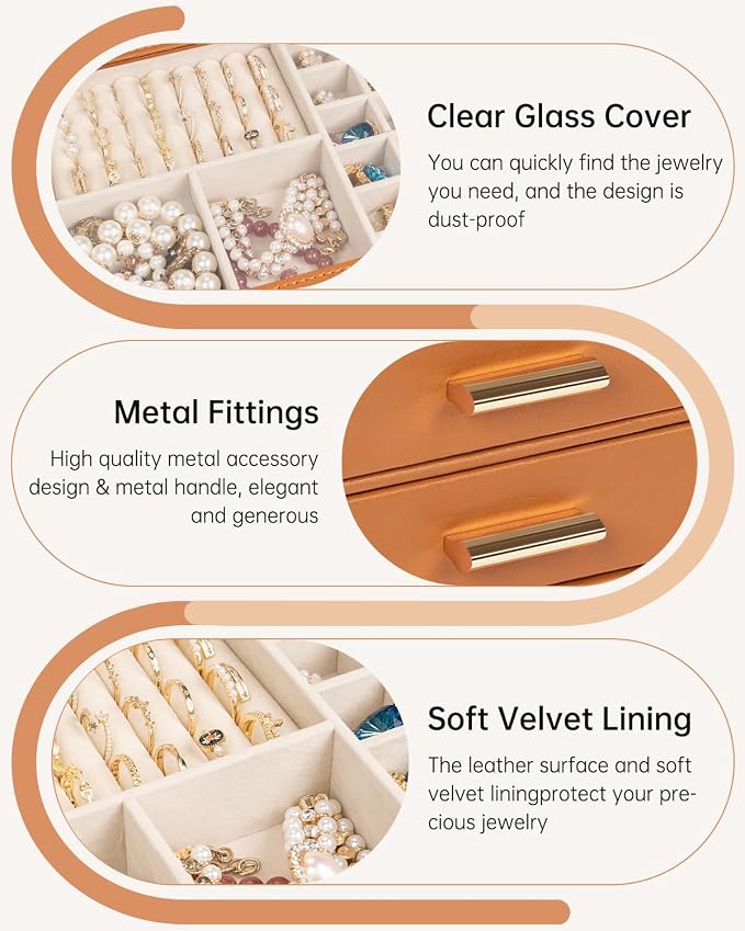 AKOZLIN Jewelry Box with Clear Lid Functional Leather Jewelry Storage Organizer Case 4 Drawers for Women Girls Necklace Ring Bracelet Earring Orange - Image 5