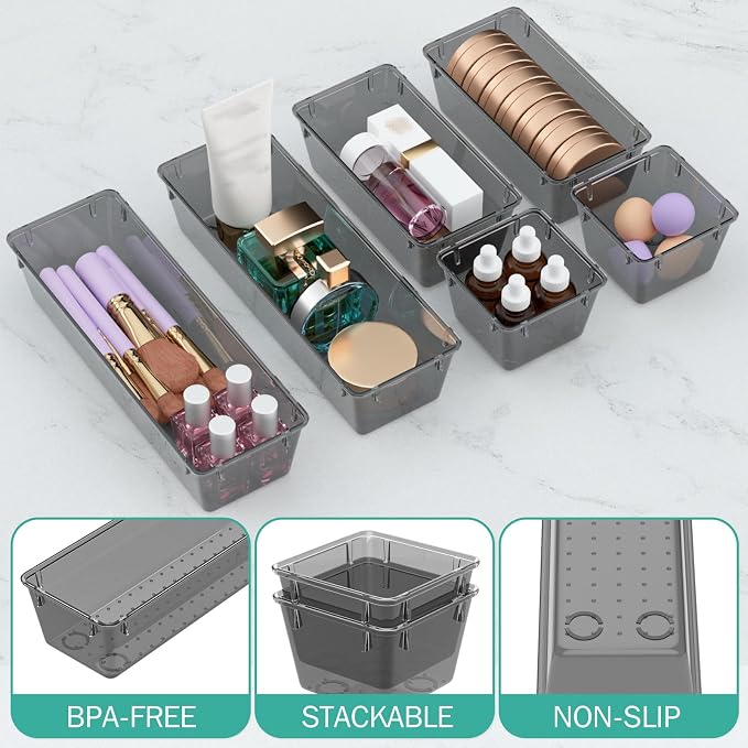 WOWBOX 6 Pack Clear Drawer Organizer Set, Acrylic Drawer Storage Trays, Storage Bins for Makeup, Cosmetics, Jewelries, Utensils, Gadgets, Office, Black - Image 3