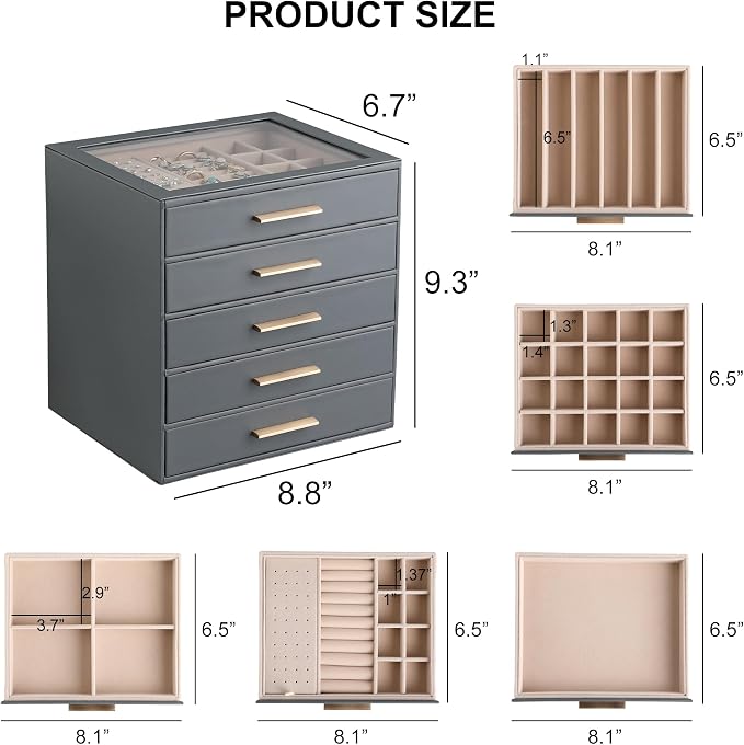 Frebeauty Clear Lid Jewelry Box,5-Layer Jewelry Organizer with Drawer,PU Leather Jewelry Organizers and Storage,Jewelry Boxes for Women,Jewelry Storage for Rings Earring Stud,Gift for Women(Grey) - Image 3