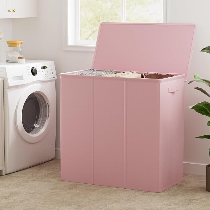 WOWLIVE 180L Laundry Hamper with Lid 3 Section,Large Laundry Basket with Removable Bags and Handles,Collapsible Dirty Clothes Hampers for Laundry,Laundry Basket Organizer for Laundry Room,Dorm,Pink - Image 3