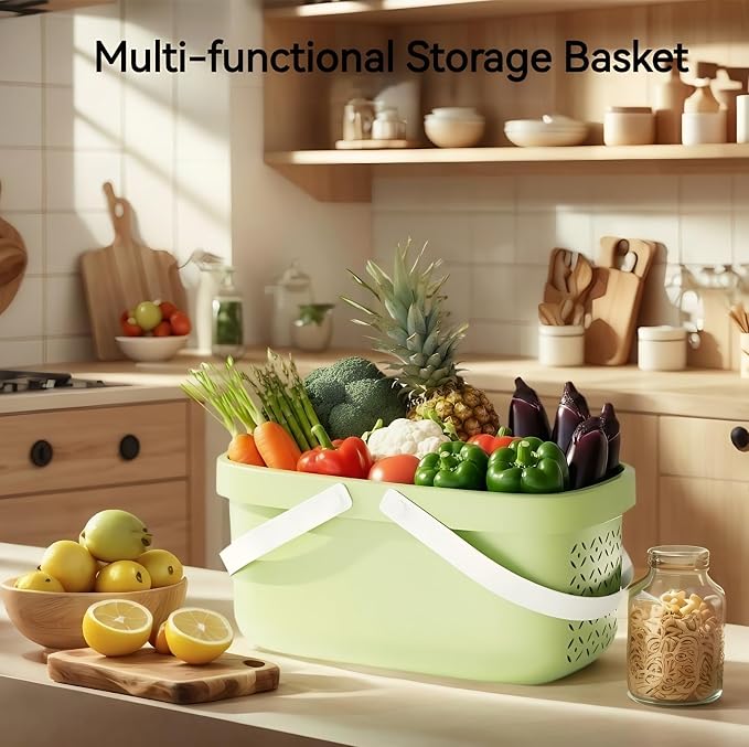 Pulseplay Plastic Organizer Storage Basket with Handles Portable Large Capacity Shower Caddy Basket with Drainage Holes for Bathroom Living Room College Dorm Room (Green) - Image 7